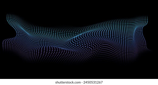 Flowing dot particles wave 3D curve pattern blue and green gradient light isolated on black background.