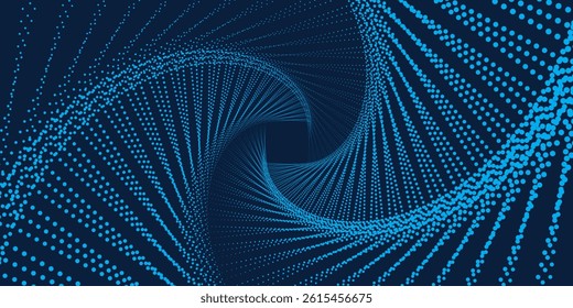 Flowing dot particles wave curve pattern blue and green gradient light isolated on black background in concept of AI technology, science, music.