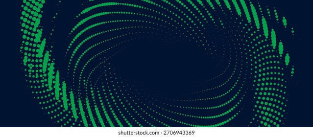 Patrón de curva de onda de partículas de punto que fluyen luz degradada verde y negra aislada sobre fondo negro en concepto de tecnología de IA, ciencia, música.