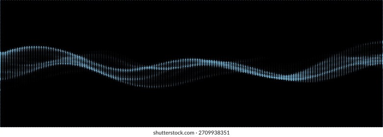 Patrón de curva de onda de partículas de punto fluyendo luz azul y verde degradada aislada sobre fondo negro en concepto de tecnología de IA, ciencia, música. Ilustración vectorial