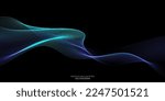 Flowing dot particles wave pattern blue and green gradient light isolated on black background. Vector in concept of AI technology, science, music.