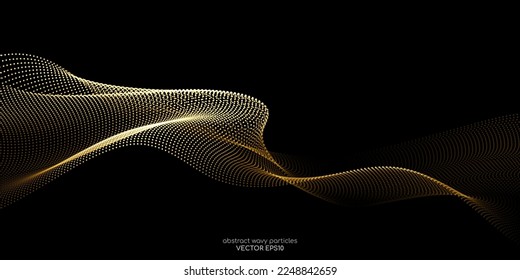 Flowing dot particles wave pattern gold gradient light isolated on black background. Vector in concept of luxury, AI technology, science, music.