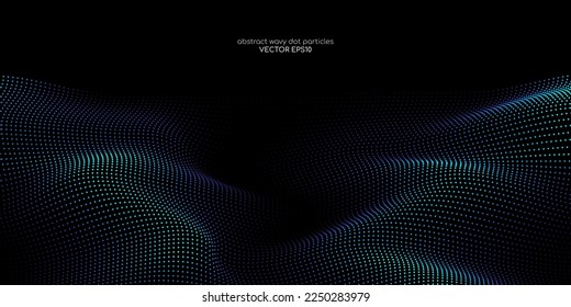 Flowing dot particles wave pattern blue and green gradient light isolated on black background. Vector in concept of AI technology, science, music.