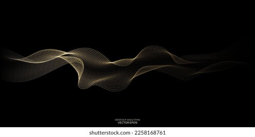 Flowing dot particles wave pattern gold light isolated on black background. Vector in concept of technology, science, music, modern.