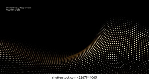 Flowing dot particles wave pattern gold gradient light isolated on black background. Vector in concept of luxury, AI technology, science, music.