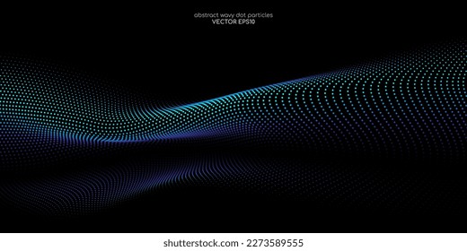 Flowing dot particles wave pattern 3D curve blue and green gradient light isolated on black background. Vector in concept of AI technology, science, music.