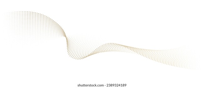 Flowing dot particles wave pattern halftone gold gradient smooth curve shape isolated on white background. Vector in concept of luxury, technology, science, music, modern.