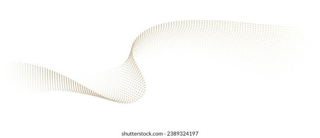 Flowing dot particles wave pattern halftone gold gradient smooth curve shape isolated on white background. Vector in concept of luxury, technology, science, music, modern.