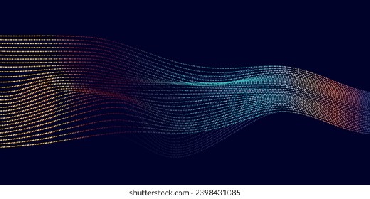 Flowing dot particles wave pattern blue and green gradient light isolated on black background. Vector in concept of AI technology,