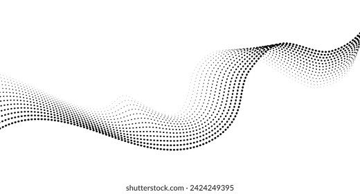 Flowing dot particles wave pattern halftone black gradient smooth curve shape isolated on transparent background. Vector in concept of technology, science, music, modern