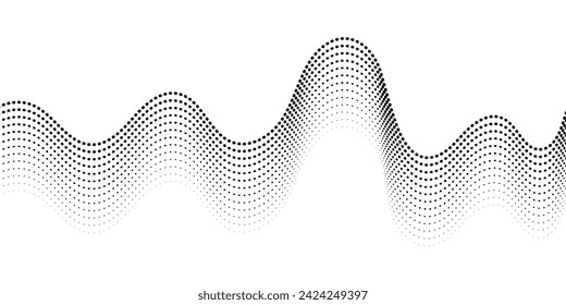 Flowing dot particles wave pattern halftone black gradient smooth curve shape isolated on transparent background. Vector in concept of technology, science, music, modern