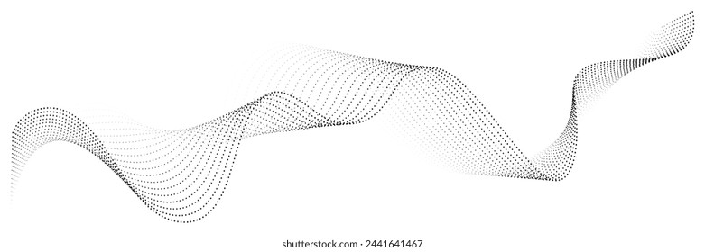 Flowing dot particles wave pattern halftone black gradient smooth curve shape isolated on transparent background. Vector in concept of technology, science, music, modern