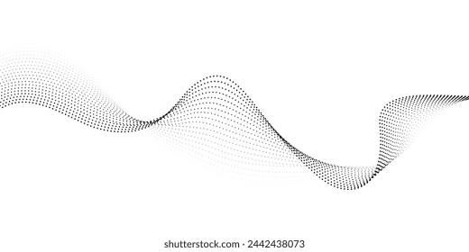 Flowing dot particles wave pattern halftone black gradient smooth curve shape isolated on transparent background. Vector in concept of technology, science, music, modern