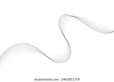 Flowing dot particles wave pattern halftone black gradient smooth curve shape isolated on transparent background. Vector in concept of technology, science, music, modern