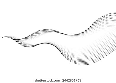 Flowing dot particles wave pattern halftone black gradient smooth curve shape isolated on transparent background. Vector in concept of technology, science, music, modern