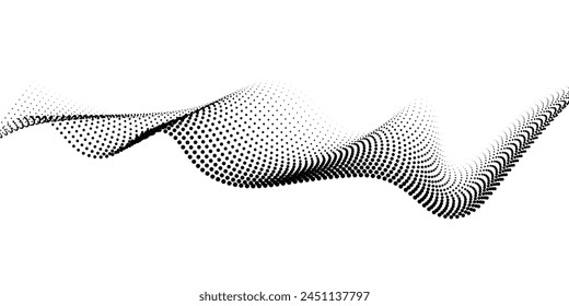 Flowing dot particles wave pattern halftone black gradient smooth curve shape isolated on transparent background. Vector in concept of technology, science, music, modern vector wave