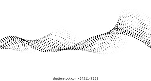 Flowing dot particles wave pattern halftone black gradient smooth curve shape isolated on transparent background. Vector in concept of technology, science, music, modern flowinG arts 