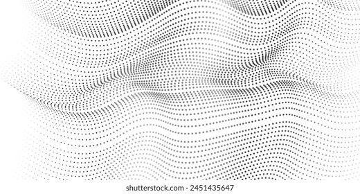 Flowing dot particles wave pattern halftone black gradient smooth curve shape isolated on transparent background. Vector in concept of technology, wave background
