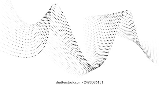 Flowing dot particles wave pattern halftone black gradient smooth curve shape isolated on transparent background. Vector in concept of technology, science, music, modern. EPS 10