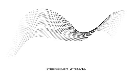 Flowing dot particles wave pattern halftone black gradient smooth curve shape isolated on transparent background. Vector in concept of technology, science, music, modern