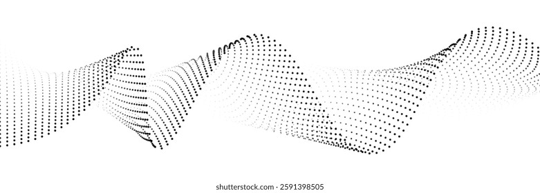 Flowing dot particles wave pattern halftone black gradient smooth curve shape isolated on transparent background. Vector in concept of technology, science