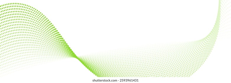 Flowing dot particles wave pattern halftone green gradient smooth curve shape isolated on transparent background. Vector in concept of technology, science, music, modern.