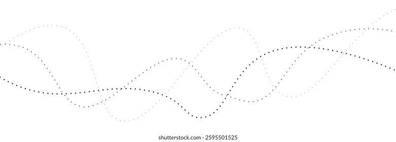 Flowing dot particles wave pattern halftone black gradient smooth curve shape isolated on transparent background. Vector in concept of technology