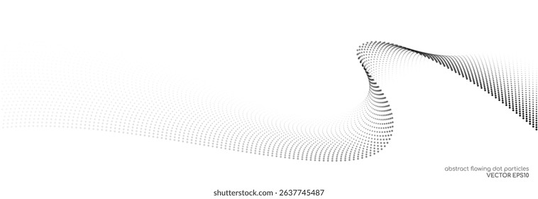 Flowing dot particles wave pattern halftone black gradient smooth curve shape isolated on white background. Vector in concept of technology, science, music, modern.