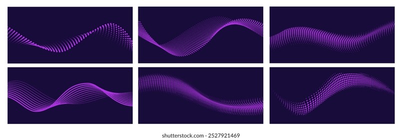 Flowing dots arranged in wavy patterns, showcasing a halftone gradient in shades of purple against a dark background.