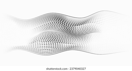 Flowing dots halftone 3D curve wave pattern black gradient curve shape isolated on white background modern and unique