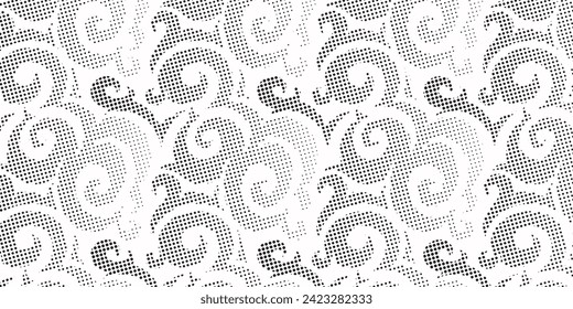 Flowing dots halftone 3D curve wave pattern black gradient curve shape isolated on white background. Vector