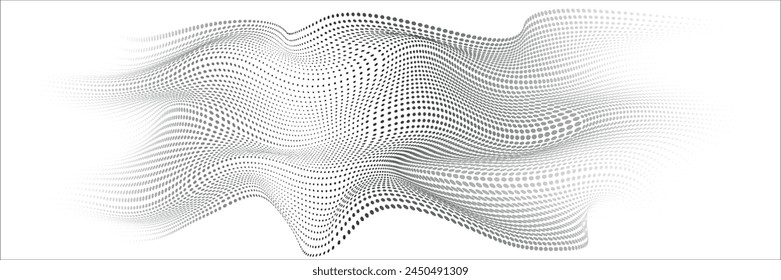 Flowing dots halftone 3D curve wave pattern black gradient curve shape isolated on white background. vector