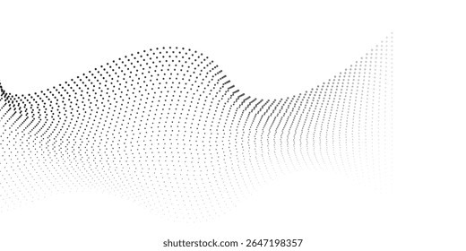 Forma de curva de gradiente negro de semitono de partículas de puntos que fluyen aisladas sobre fondo blanco. Vector en el concepto de ciencia de la tecnología simple