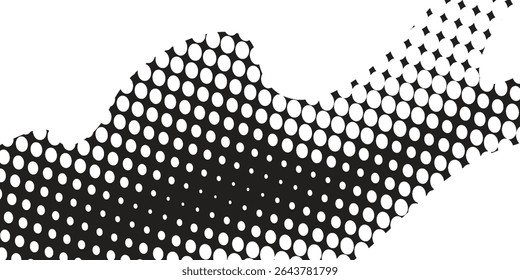 Flowing dots particles halftone gradient wave pattern curve shape isolated on white and black background.

