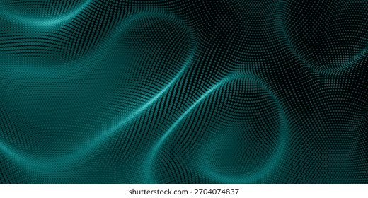 Partículas de puntos que fluyen con el modelo azul-verde claro de la onda del gradiente aislado en fondo marrón. Vector en concepto de tecnología.