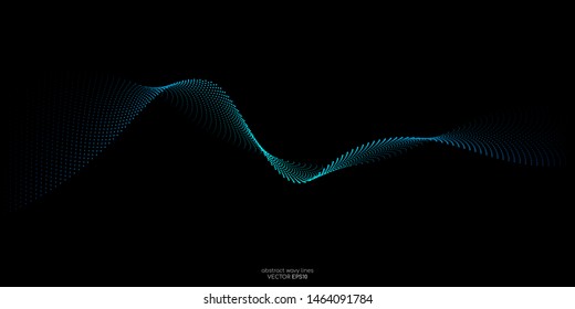 Flowing dots particles light wave pattern blue and green color isolated on black background. Vector in concept of AI technology, science, music.