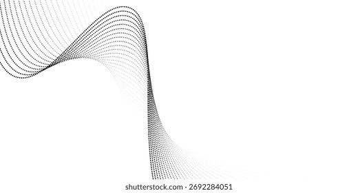 Partículas de puntos que fluyen sobre fondo blanco y negro de semitono de patrón de onda agradable. Diseño gráfico de puntos
