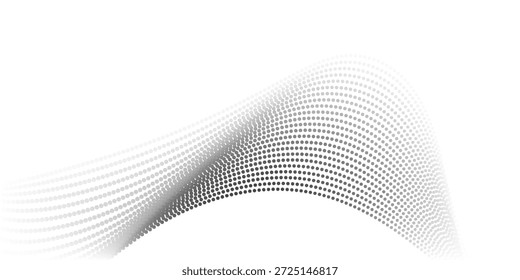 Partículas de puntos que fluyen patrón de onda agradable forma de curva de gradiente negro de semitono aislado dinámico viejo