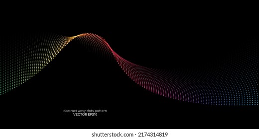 Flowing dots particles wave pattern colorful spectrum light isolated on black background. Vector in concept of AI technology, science, music.