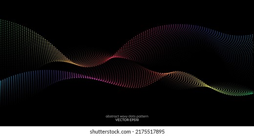 Die nachleuchtenden Punktpartikel winken Muster bunter Spektrallicht, einzeln auf schwarzem Hintergrund. Vektorgrafik im Konzept der AI-Technologie, Wissenschaft, Musik.