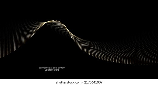 Flowing dots particles wave pattern gold light isolated on black background. Vector in concept of technology, science, music, modern.