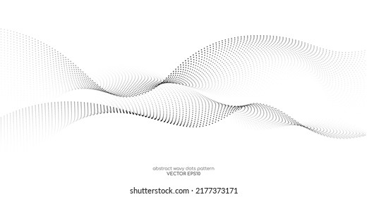 Las partículas de los puntos flotantes ondean el patrón de forma de curva de gradiente de medio tono aislado en el fondo blanco. Vector en concepto de tecnología, ciencia, música, moderno.