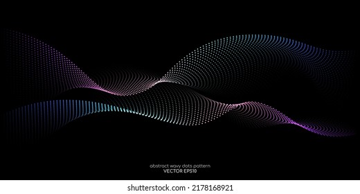 Flowing dots particles wave pattern colorful spectrum light isolated on black background. Vector in concept of AI technology, science, music.