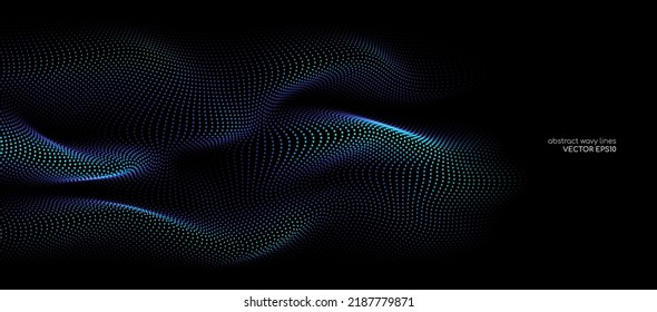 Flowing dots particles wave pattern blue green gradient light isolated on black background. Vector in concept of technology, science, music, modern.