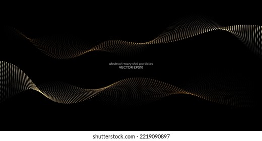 Flowing dots particles wave pattern gold light isolated on black background. Vector in concept of luxury technology, science, music, modern.