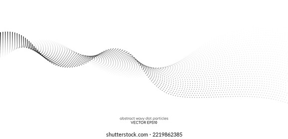 Flowing dots particles wave pattern halftone black gradient curve shape isolated on white background. Vector in concept of technology, science, music, modern.