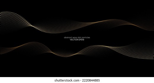 Flowing dots particles wave pattern gold light isolated on black background. Vector in concept of luxury technology, science, music, modern.