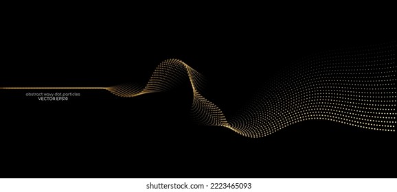 Flowing dots particles wave pattern gold light isolated on black background. Vector in concept of luxury, technology, science, music, modern.