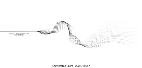 Flowing dots particles wave pattern halftone black gradient curve shape isolated on white background. Vector in concept of technology, science, music, modern.