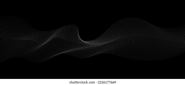 Flowing dots particles wave pattern in halftone gradient curve shape isolated on black background. Vector technology concept, science, music, modern design.